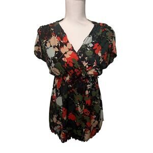JW San Francisco Green Orange Multi Color Floral Short Sleeve Blouse Sz S